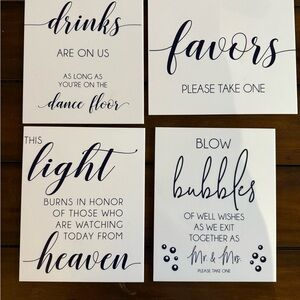 Set of 4 Wedding Signs - Navy Script on White